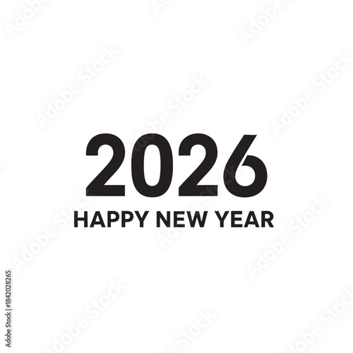 Black 2026 Happy New Year text on white background simple graphic celebration