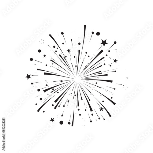 Black and white abstract starburst explosion with dots and lines on white background explosion effect
