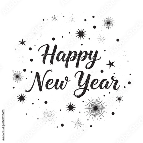 Black and white hand drawn calligraphy text Happy New Year with starbursts and dots lettering