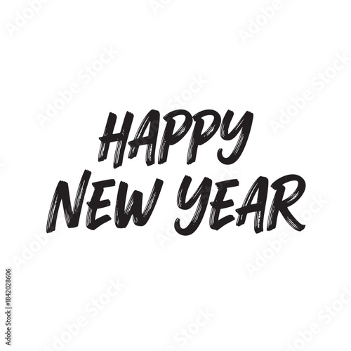 Black brush stroke text Happy New Year on white background lettering calligraphy