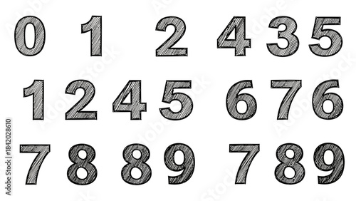 Sketched numbers set isolated on white background for educational purposes