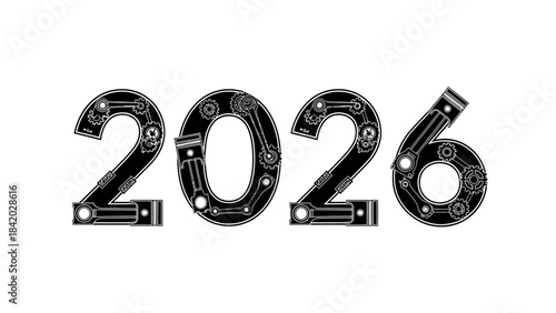 Steampunk inspired year 2026 illustration with mechanical details isolated