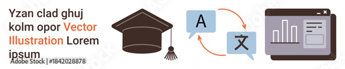 Education, translation services, multilingual communication, technology in education, online learning, global reach. Graduation cap, translation symbols and data interface. Education and translation
