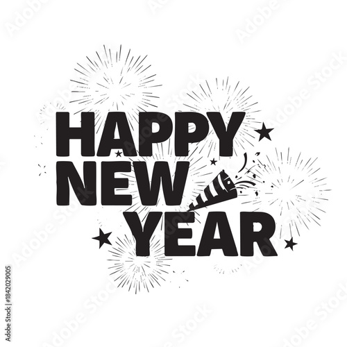 Black Happy New Year text with fireworks and party popper graphic lettering typography