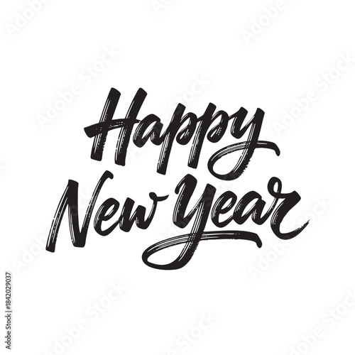 Black ink brush script lettering Happy New Year on white background calligraphy text