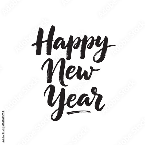 Black ink brush script text Happy New Year on white background lettering calligraphy