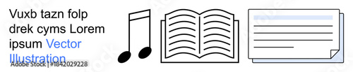 Creativity, education, digital content, communication, multimedia, design resources. Black music notes, an open book and a document icon are featured. Creativity and education concept