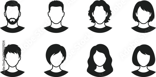 Set of eight vector icons featuring diverse male and female avatars with different hairstyles and facial hair, representing users, people, and customer profile portraits for websites.
