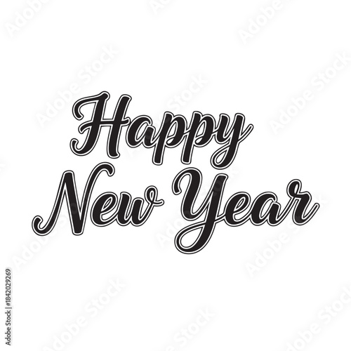 Black script text Happy New Year with white outline on white background lettering calligraphy
