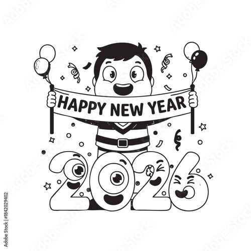 Cheerful cartoon boy holding happy new year 2026 banner with balloons and confetti vector
