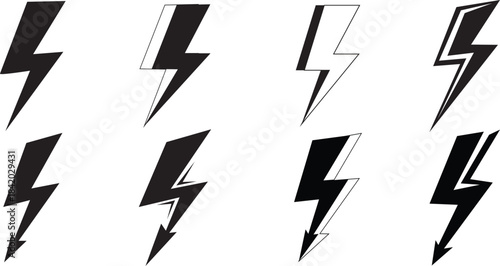 Lightning bolt icon set. Electric thunder flash symbols. Vector collection of black, outline, and retro power shapes.
