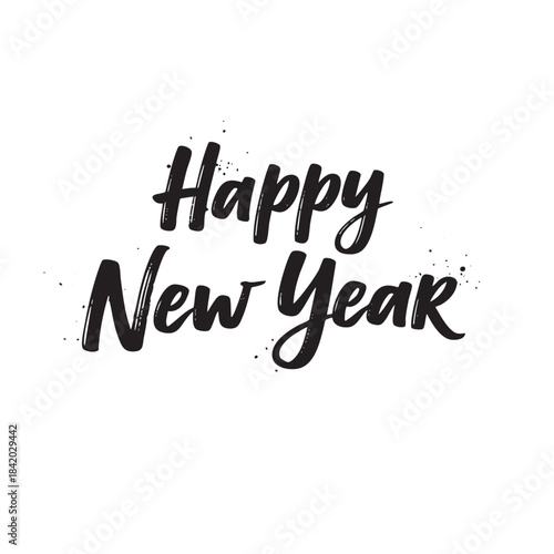 Hand Drawn Black Ink Happy New Year Text with Splatter Effect on White Background celebration