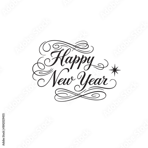 Elegant black script lettering happy new year with decorative swirls and starburst calligraphy