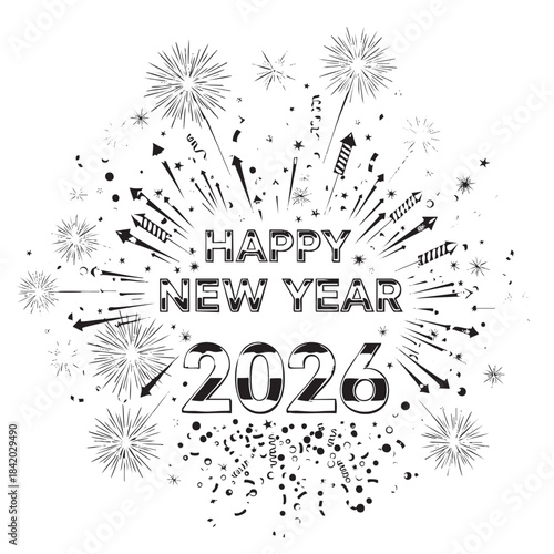 Happy New Year 2026 text with fireworks and confetti celebration graphic vector