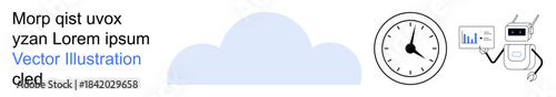 Cloud solutions, data analytics, time management, automation, technology innovation, AI integration. Robot holding analytics chart near a clock and a cloud. Cloud solutions and data analytics focus