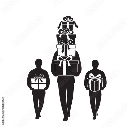 Three black silhouette figures carrying gift boxes with bows on white background present ribbon