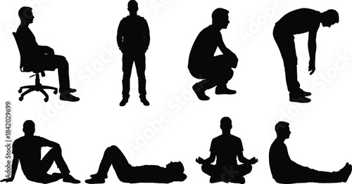 Vector set of black silhouettes showing a standing, sitting, crouching, and stretching man, illustrating various everyday body positions and activities, isolated on white.
