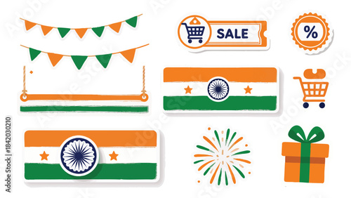 Republic day elements: Set of Indian Tricolor Celebration, Sale, and Shopping Stickers