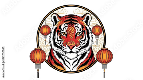 Majestic Tiger Face with Chinese Lanterns Symbolizing Chinese New Year.