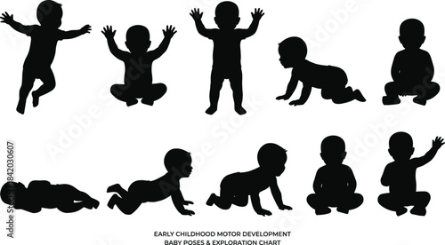 Set of ten black silhouettes showing a baby's different development stages from lying, crawling, and sitting to reaching and first steps, illustrating growth and progress.