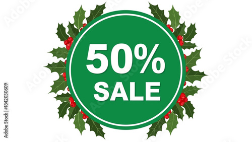 Christmas 50% Sale Badge Icon – Holiday Discount Label with Holly Leaves and Red Berries