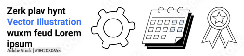 Productivity, organization, project management, achievement, business planning, recognition. Black and white icons of a gear, calendar and medal. Productivity and organization concept