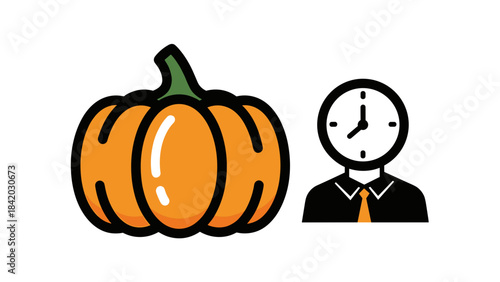 Pumpkin and clock-headed figure in business suit