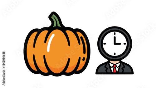 Large pumpkin with suited clock-headed character