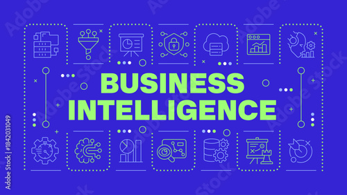 Business intelligence blue word concept. Machine learning, statistical metrics. Cloud technology. Horizontal vector image. Headline text surrounded by editable outline icons. Hubot Sans font used