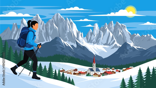 A determined hiker with trekking poles ascends a snowy ridge, overlooking a quaint alpine village nestled beneath the dramatic, jagged spires of a sunlit mountain range