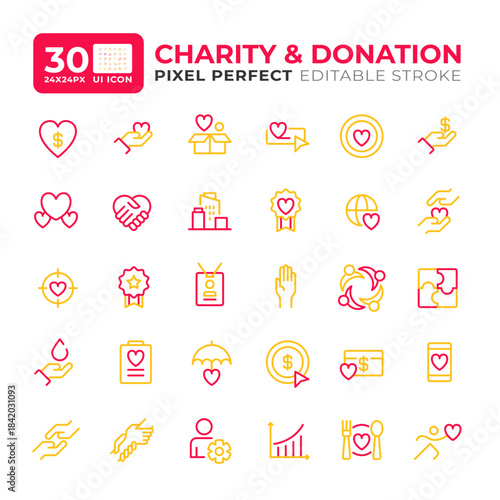 Charity organization colorful line ui icons set. Gathering voluntary donations. Giving support to people in need. Isolated vector duotone linear symbols pack. User interface elements, pixel perfect