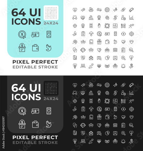 Donations line ui icons set for light and dark mode. Non profit organization activity. Voluntary support. Vector outline symbols iconography. User interface elements linear, pixel perfect
