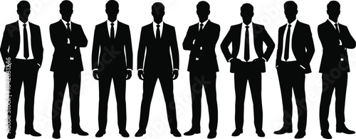 Professional male business team silhouettes standing together, confident and anonymous, representing corporate leadership, partnership, unity, and success in vector format.