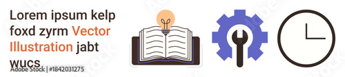 Education, productivity, time management, innovation, learning tools, technology. Open book with lightbulb, gear with wrench and clock icons. Education and productivity concepts