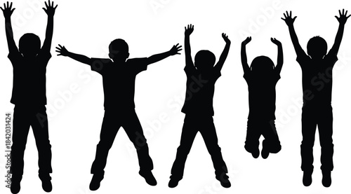 Group of Five Children Silhouettes Jumping and Stretching with Arms Raised Vector Illustration, Happy Kids Playing Together, Energetic Playtime, Childhood Fun, and Freedom Concept.