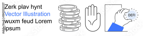 Cryptocurrency, decentralized finance, wealth management, blockchain innovation, digital assets, financial technology. Stack of coins, hand gesture DEFI abbreviation. Cryptocurrency