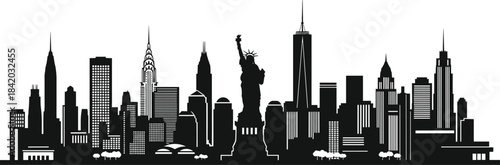 Iconic New York City Skyline Silhouette Vector Illustration featuring the Statue of Liberty, Skyscrapers, and One World Trade Center, Isolated.