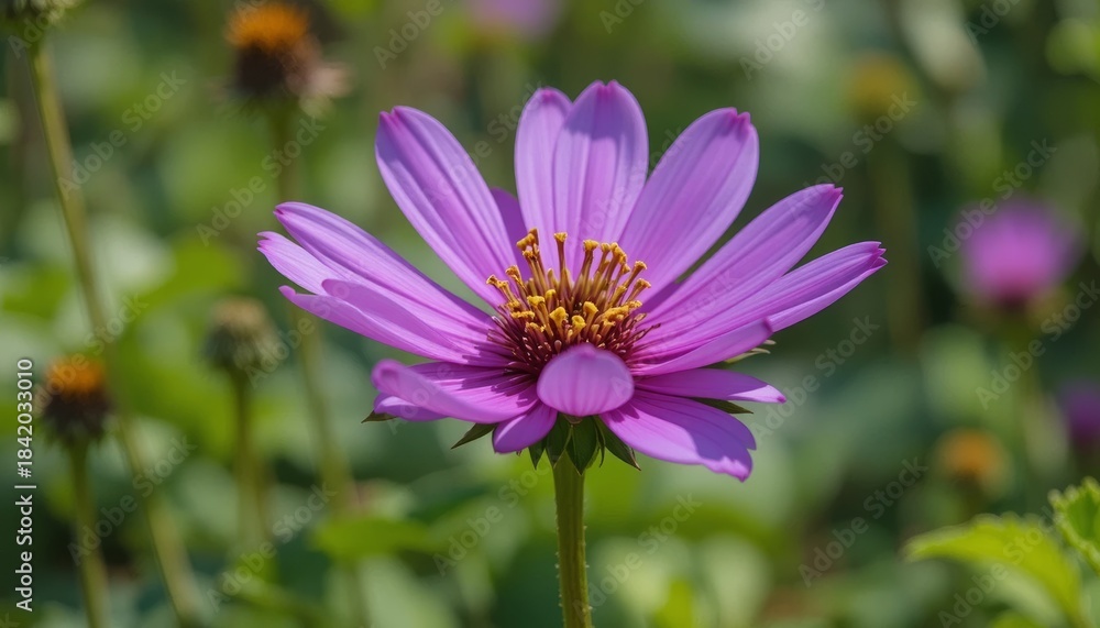 Fototapeta premium Vibrant purple aster bloom shines brightly in sunny summer garden close up