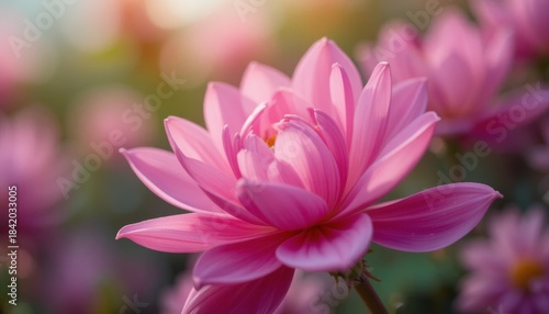 Stunning pink dahlia flower blooms beautifully in soft morning sunlight