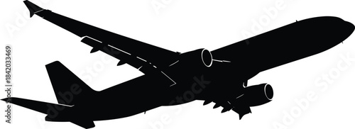 Large Commercial Passenger Airplane Silhouette Vector Illustration, Airliner Taking Off or Landing on Flight, Jet Aircraft Flying Isolated, Travel, Transport, and Aviation Theme.