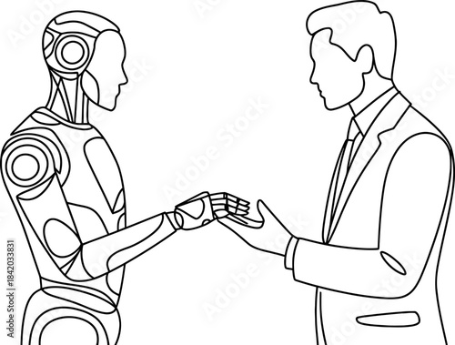 Human-robot collaboration: a simple line drawing depicting a futuristic partnership Vector, illustration
