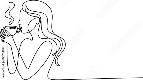 Minimalist continuous line art drawing of a woman enjoying a hot cup of coffee or tea Vector, illustration