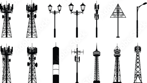 Vector Silhouette Collection of Communication Towers, Cell Towers, and Street Lighting Poles Representing Urban Infrastructure and Modern Technology.