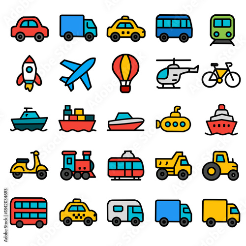 Colorful Transport Vehicles Icon Set Cartoon Vector