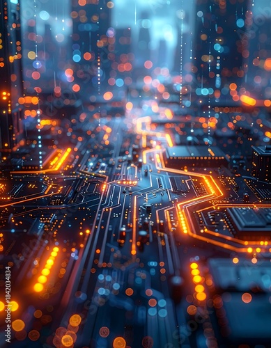 Futuristic computer circuit board with glowing orange pathways