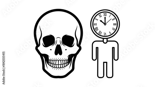 Human figure with realistic skull and clock-head companion