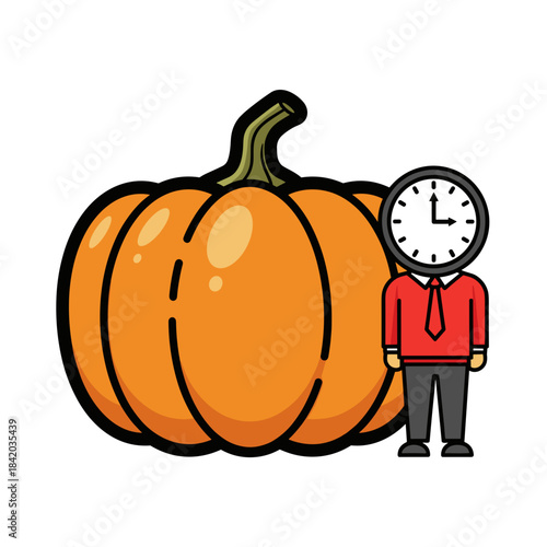 Pumpkin and red-shirt clock-headed character