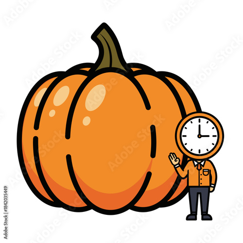 Large pumpkin with waving clock-headed character