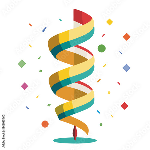 A colorful spiral party streamer in yellow, teal, orange, and red twisting upward from a teal base.