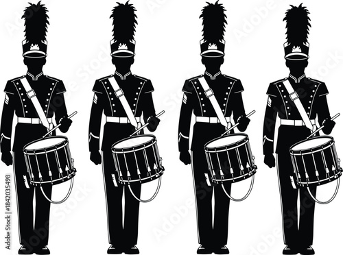 Marching band drumline silhouette vector illustration, drummers in military uniform with plume hats, black and white minimal graphic design for parade or musical event.